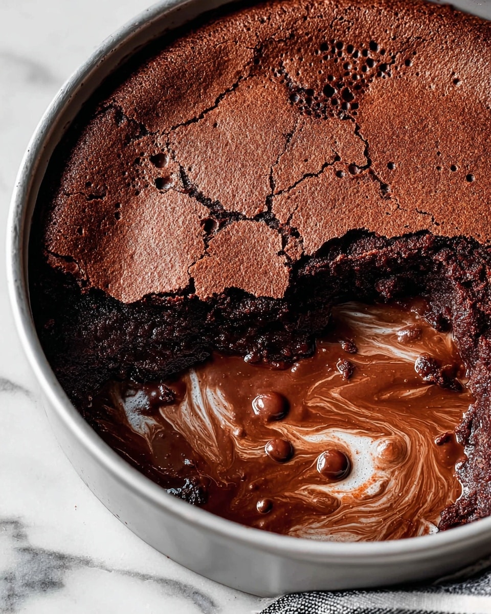 The image shows a close-up of a deep chocolate cake with a cracked, dry top layer that is a rich dark brown color and has a rough texture with small bubbles. A large portion of the cake is missing from the bottom right side, revealing a moist and gooey dark chocolate inside with swirls of melted chocolate sauce. The cake is placed in a white round baking dish, set on a white marbled surface, and part of a striped cloth is visible on the lower right corner. photo taken with an iphone --ar 4:5 --v 7