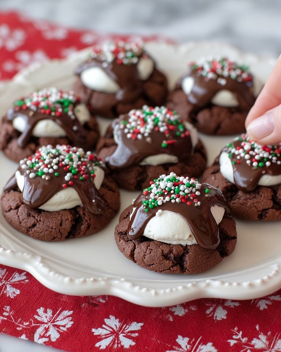 The image shows a white scalloped plate holding eight round chocolate cookies. Each cookie has a cracked, slightly rough dark brown base layer. On top of this base is a dollop of white cream partially covered by a smooth, shiny layer of dark chocolate ganache dripping down the sides. The chocolate layer is decorated with small red, white, and green round sprinkles scattered across the surface. The plate sits on a red cloth with white flower patterns, and a woman's hand is pointing at one of the cookies. The background has a white marbled texture. photo taken with an iphone --ar 4:5 --v 7