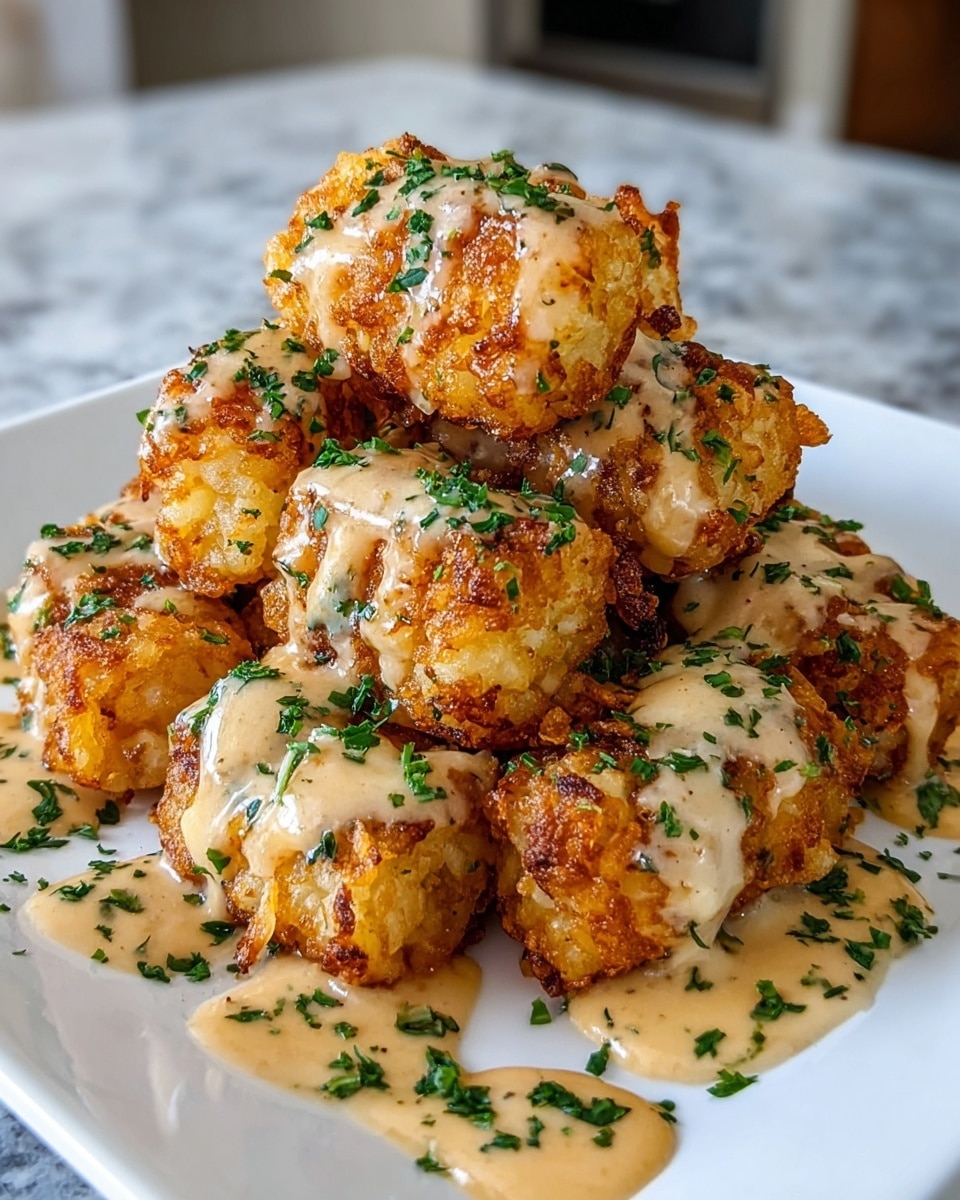 A pile of golden brown, crispy fried cheese balls stacked in the center of a white square plate, each ball textured with crunchy bits and flecks of herbs. A creamy, light beige sauce is drizzled unevenly over the cheese balls, pooling slightly on the plate. Small green parsley pieces are sprinkled over the sauce and cheese balls, adding a fresh color contrast. The plate sits on a white marbled surface, with a blurred kitchen background. photo taken with an iphone --ar 4:5 --v 7