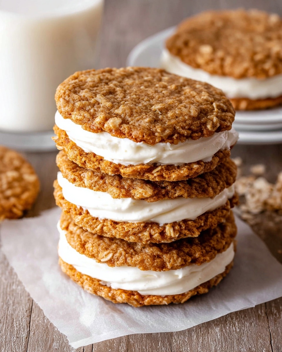 A stack of three oatmeal cream pies is shown, each with two textured light brown oatmeal cookie layers sandwiching a thick, smooth white creamy filling. The cookies have a rough, grainy surface with visible oats, while the cream is soft and fluffy, evenly spread between the cookie pairs. The stack sits on a piece of white parchment paper on a wooden surface, with a glass of milk blurred in the background. In the top right corner, a single oatmeal cream pie on a white plate is partially visible, all placed on a white marbled textured background. Photo taken with an iphone --ar 4:5 --v 7