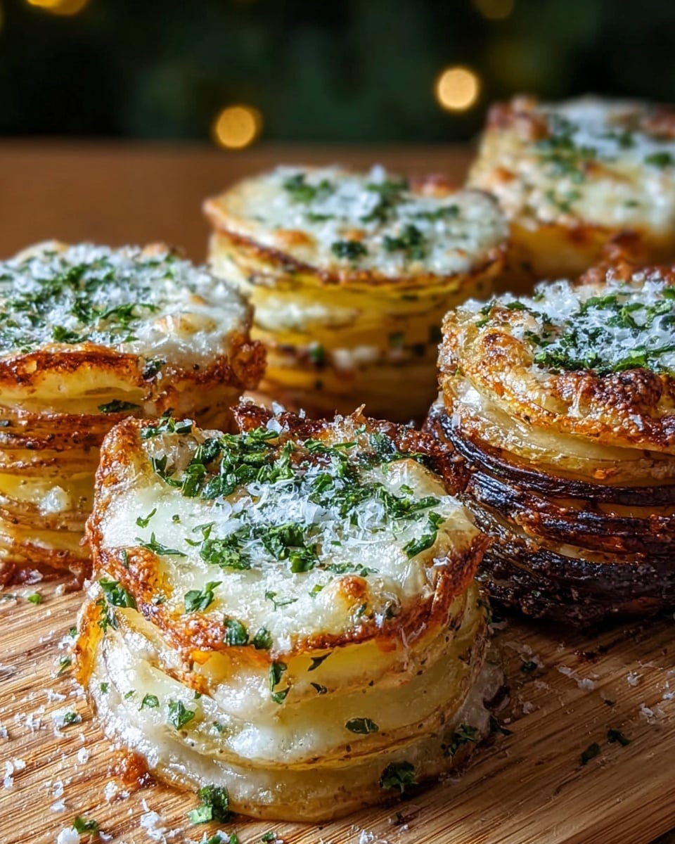 The image shows four small stacks of thinly sliced, golden brown roasted potatoes arranged neatly on a wooden board. Each stack has about six to seven layers of potato slices with edges slightly crispy and browned, creating a textured look. The top of each stack is sprinkled with coarse sea salt crystals and finely chopped bright green parsley, adding freshness and color contrast. Small bits of parsley are scattered around the stacks on the board, enhancing the natural feel. The background is softly blurred, putting focus on the rich textures and colors of the potato stacks. Photo taken with an iphone --ar 4:5 --v 7