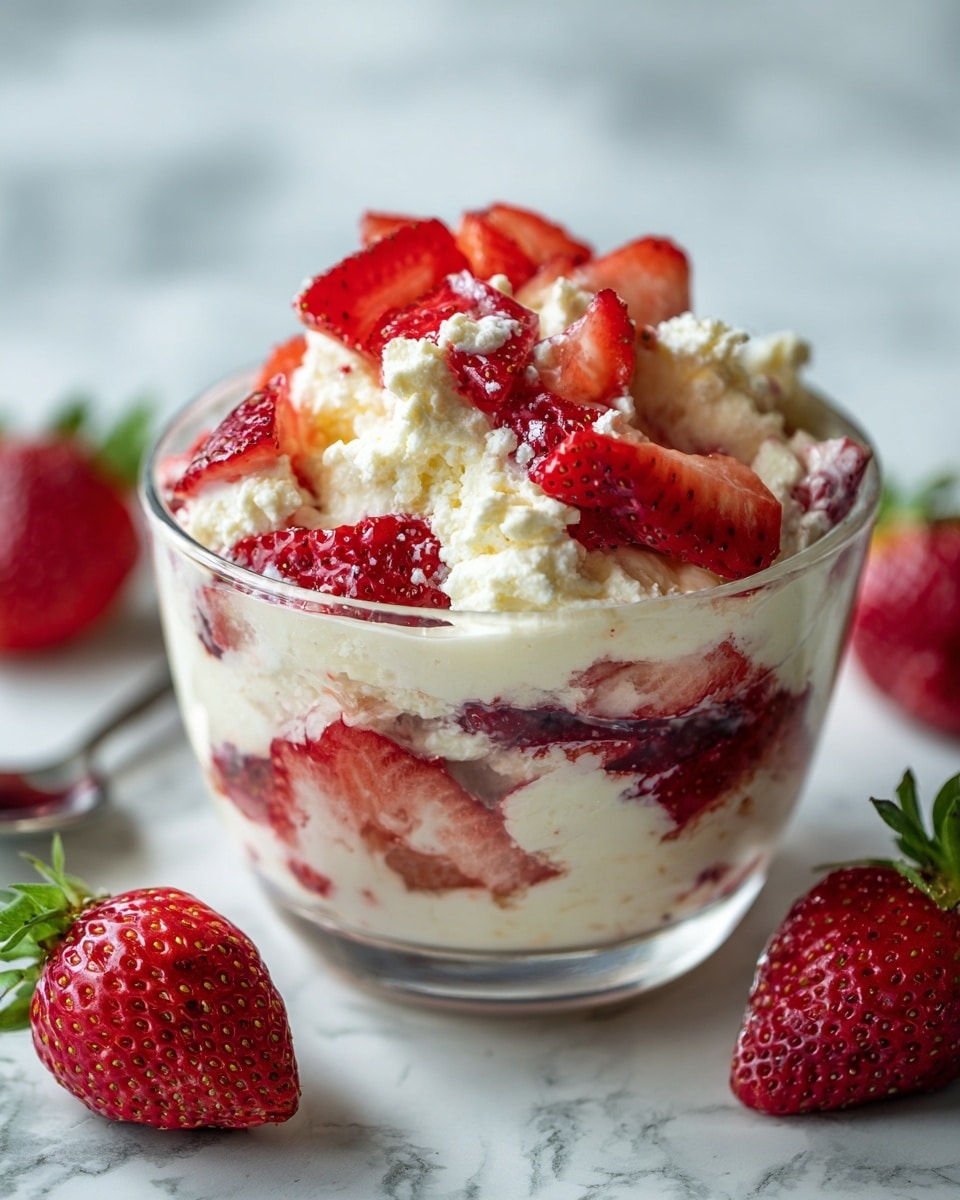 This image shows a clear glass bowl filled with a dessert made of multiple layers. The dessert has a base layer of white creamy cottage cheese or curds, mixed throughout with red fresh strawberry slices, some whole and some cut in halves, showing their red exterior and pale white and seed-speckled inside. The creamy layer looks thick and soft, clinging to both the strawberry pieces and the uneven, crumbly texture of the white curds on top and below. Around the bowl on a white marbled surface, there are a few whole ripe strawberries with green leafy tops adding a fresh touch. The background is softly blurred to keep focus on the bowl. Photo taken with an iphone --ar 4:5 --v 7