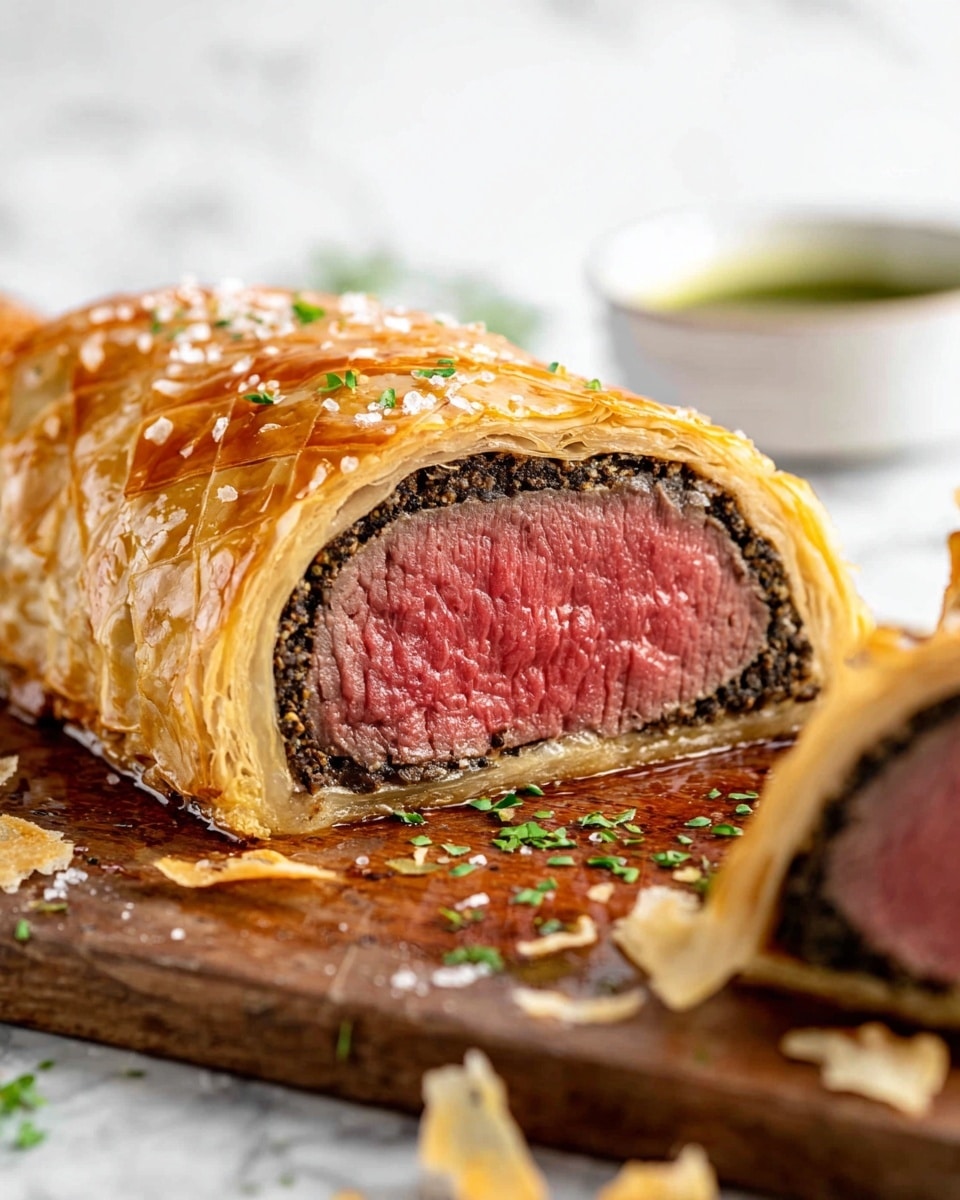 A thick slice of Beef Wellington sits on a white plate, showing three layers: a golden brown crispy puff pastry on the outside, a dark, finely textured mushroom duxelles layer inside the pastry, and a thick center of medium-rare beef with a pink, juicy texture sprinkled with coarse salt and chopped fresh chives. Next to the Beef Wellington is a small side of mixed green salad leaves with varying shades of green and purple, arranged loosely on the plate. The background features a white marbled texture, and a knife and fork rest on the edge of the plate. photo taken with an iphone --ar 4:5 --v 7