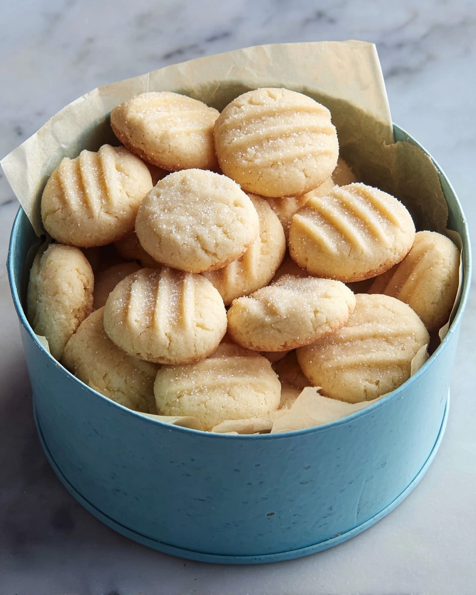 A light blue round container filled with small, round cookies that are pale golden brown in color with a soft, crumbly texture; each cookie has three shallow horizontal lines pressed into the top surface, giving a striped look; some cookies spill slightly outside the container onto a white marbled surface; the cookies have a soft sugar sprinkle on top adding a subtle sparkle; the container is lined with a piece of beige parchment paper that peeks out from the sides. photo taken with an iphone --ar 4:5 --v 7