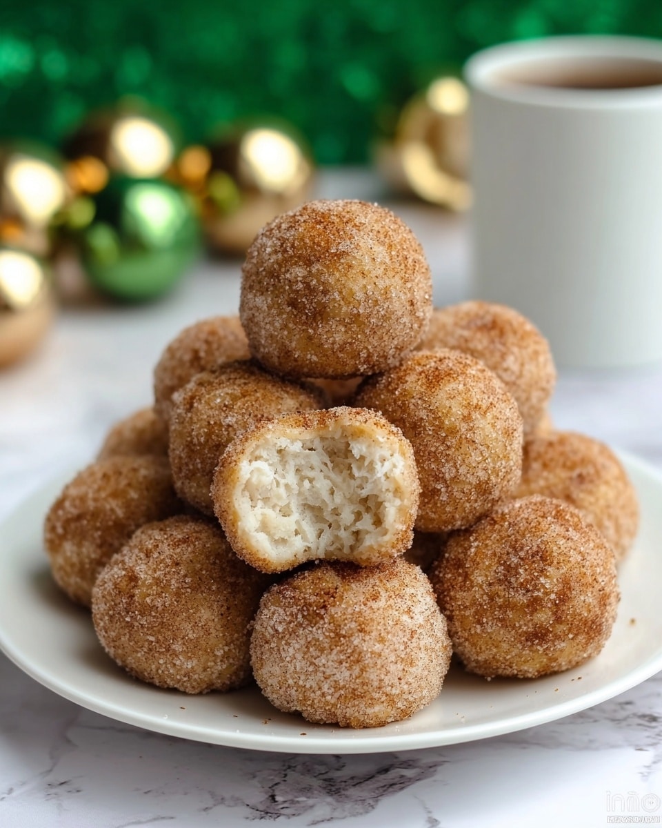 A white plate filled with a pyramid of round, brown balls coated in cinnamon sugar, each with a slightly rough texture. The front ball has a bite taken out, showing a soft, white, and creamy inside. The background is a white marbled surface, with blurred green and gold decorations and a white mug in the distance. photo taken with an iphone --ar 4:5 --v 7