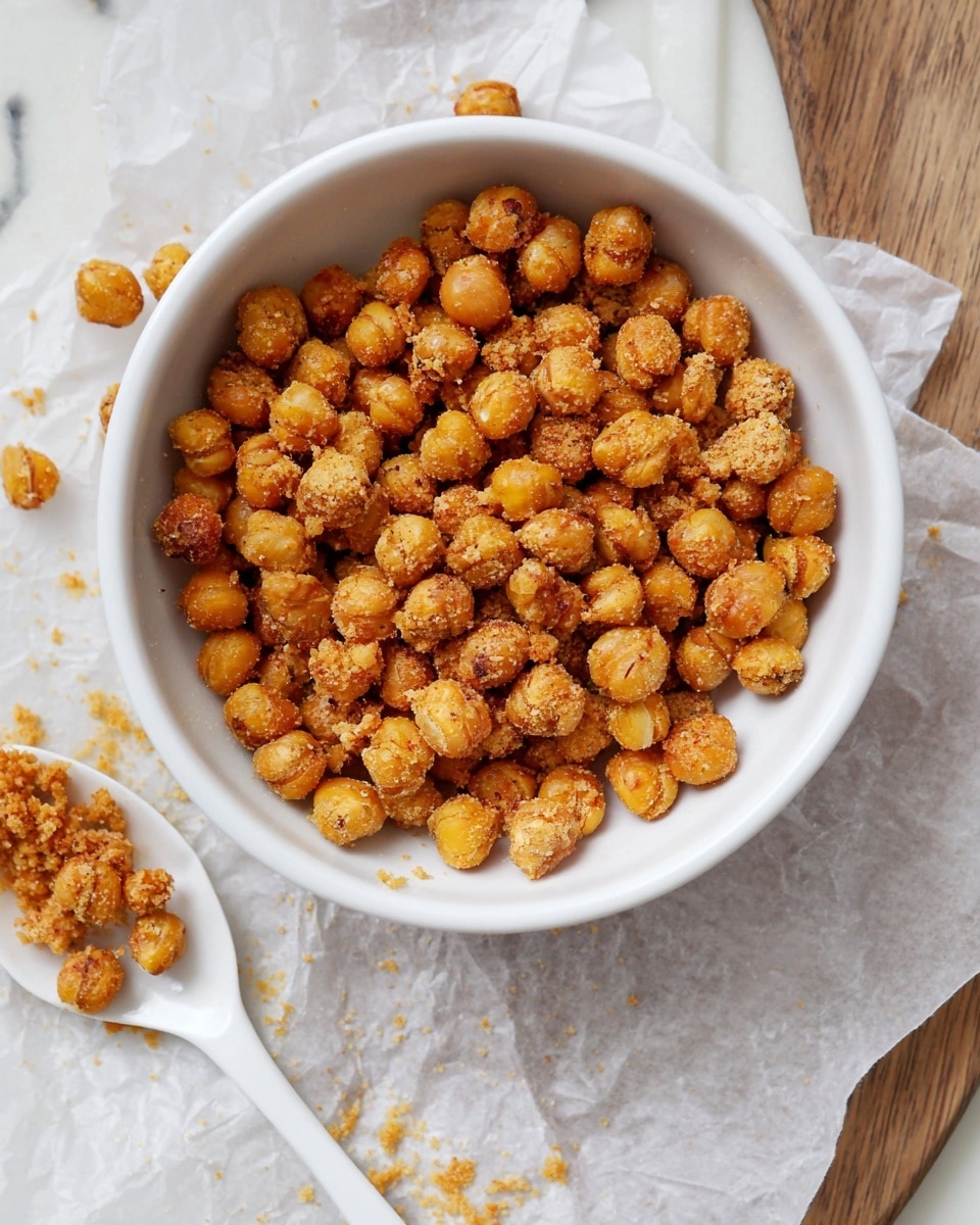 A close-up of a white bowl filled with a single layer of golden brown roasted chickpeas, each chickpea coated with fine crumbs giving a slightly rough texture. Some chickpeas have darker spots showing uneven roasting, while others have a consistent orange-golden hue. Around the bowl, a white spoon lies on wrinkled white parchment paper, holding a few roasted chickpeas and crumbs. The scene is set on a white marbled surface with a small bit of wooden texture visible at the top right edge. Photo taken with an iphone --ar 4:5 --v 7