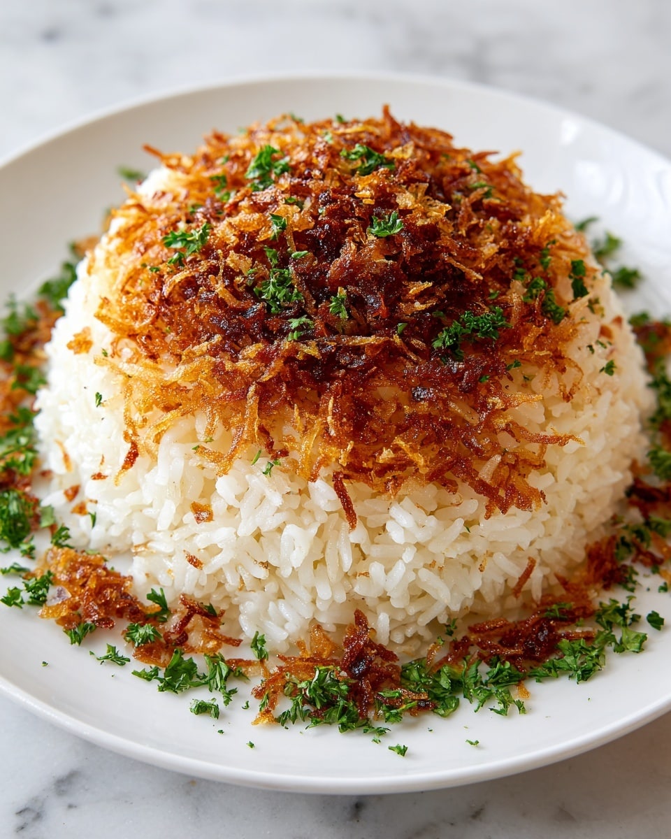 A mound of cooked rice is neatly shaped on a white plate, with a golden-brown crispy layer of fried onions spread over the top, providing texture and darker color contrasts. The rice underneath is light and fluffy with a pale cream tone. Finely chopped fresh green herbs like parsley are sprinkled all over the top and around the base of the rice mound. The crisp fried onion bits are unevenly caramelized, adding both deep brown and amber shades. The whole dish sits on a white marbled surface, giving a clean background. Photo taken with an iphone --ar 4:5 --v 7