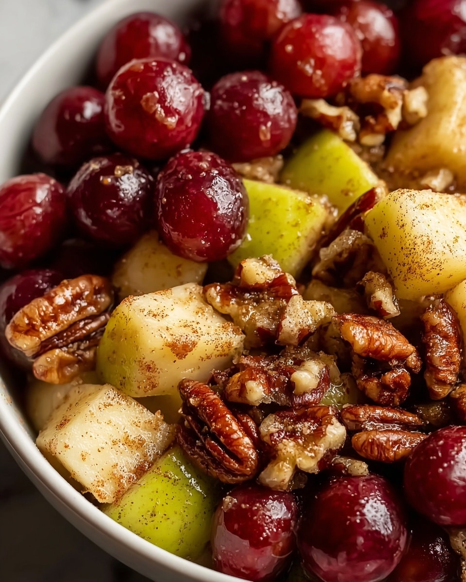 A close-up view of a fruit and nut mix in a white bowl, showing three main layers: the top layer has deep red grapes covered with a light sprinkle of cinnamon, the middle layer features yellow and green apple chunks coated with cinnamon, and the bottom layer contains brown pecan halves mixed with small pieces of walnuts, all slightly shiny with a light glaze. The white bowl contrasts with the colorful fruits and nuts, and the background is a white marbled texture. photo taken with an iphone --ar 4:5 --v 7