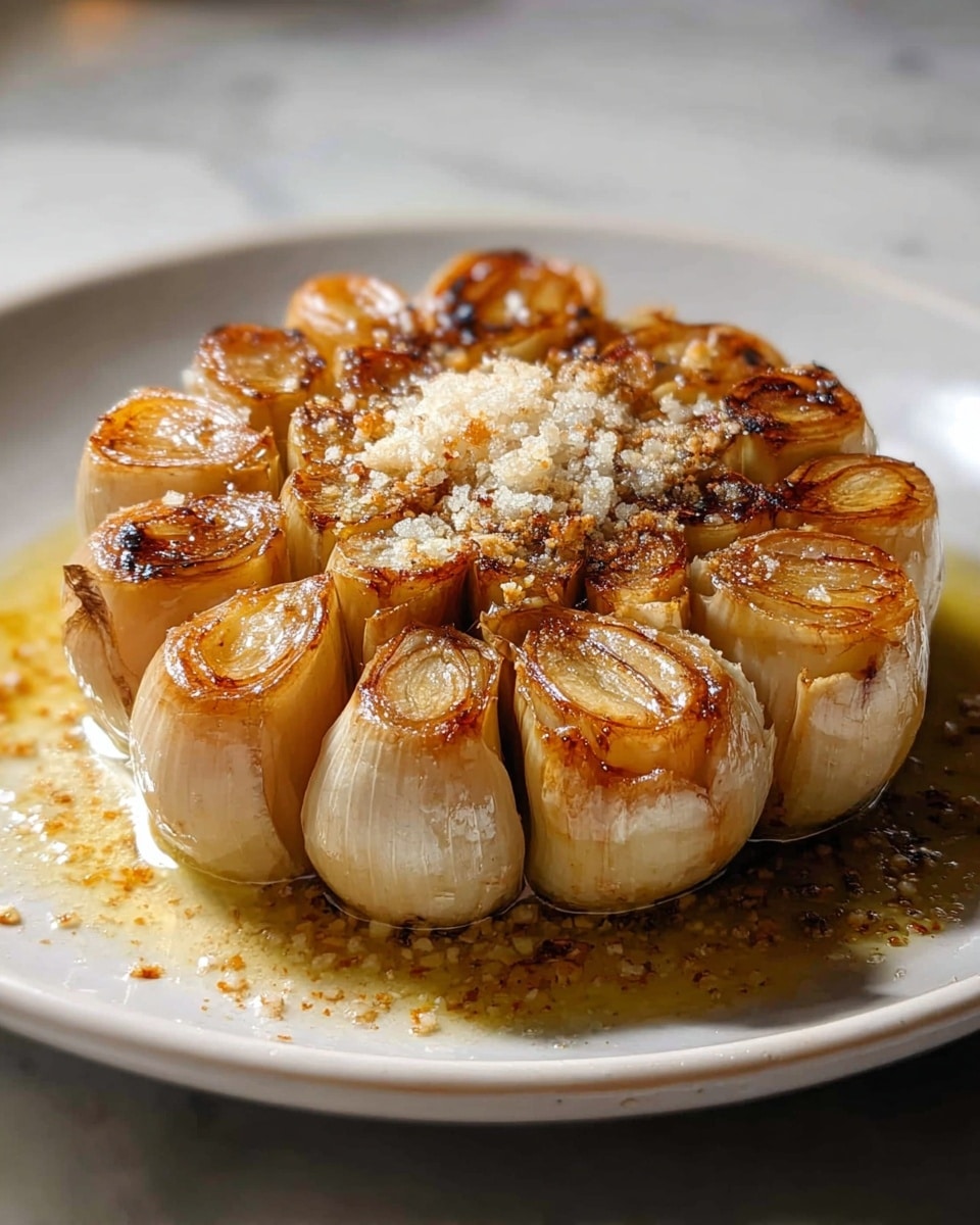The image shows a whole roasted garlic bulb placed in the center of a white round plate. The garlic is cut to reveal about 12 individual cloves arranged in a circular pattern, each clove having a golden brown, slightly caramelized surface with a shiny, oily texture. The outer skin of the garlic is light beige with some browned spots, curling gently around the cloves. Coarse salt is sprinkled generously on top, mostly in the center, adding a grainy texture. A small pool of golden olive oil surrounds the garlic at the base, making the plate surface glisten. The background features a smooth white marbled surface with soft lighting highlighting the warm tones of the roasted garlic. photo taken with an iphone --ar 4:5 --v 7