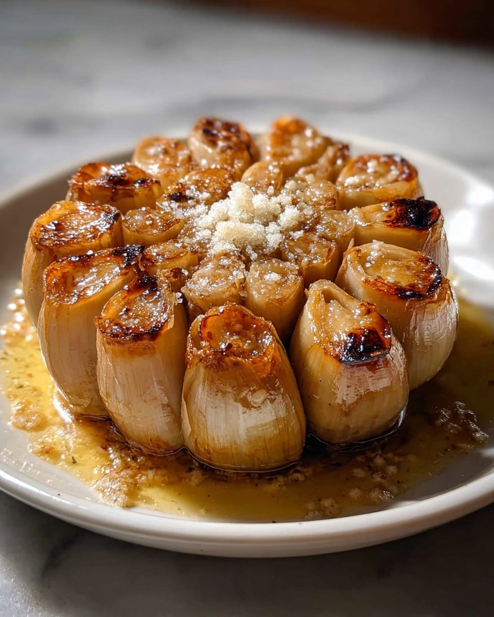 The dish shows a whole roasted garlic bulb on a white plate, placed on a white marbled surface. The bulb is cut at the top, revealing about 12 garlic cloves arranged in a circle. Each clove has a golden brown, caramelized texture on top with some darker char marks. In the center, coarse white salt crystals are sprinkled over the cloves, with a light oily sauce pooling around the base of the bulb on the plate. The outer skin of the garlic is slightly wilted and light beige in color. The lighting highlights the glossy, roasted surface of the garlic and gives a warm, inviting look. Photo taken with an iphone --ar 4:5 --v 7