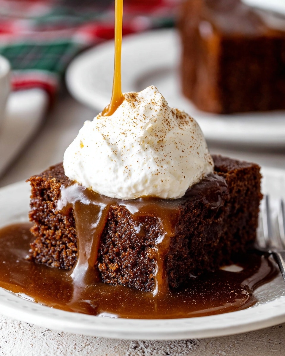 A close-up of a dark brown moist cake slice with a thick glossy layer of caramel sauce pouring down its sides, sitting on a white plate. On top of the caramel sauce is a large dollop of fluffy white whipped cream sprinkled lightly with cinnamon or nutmeg. The plate rests on a white marbled textured surface with a blurred white plate holding another cake piece in the background. Photo taken with an iphone --ar 4:5 --v 7