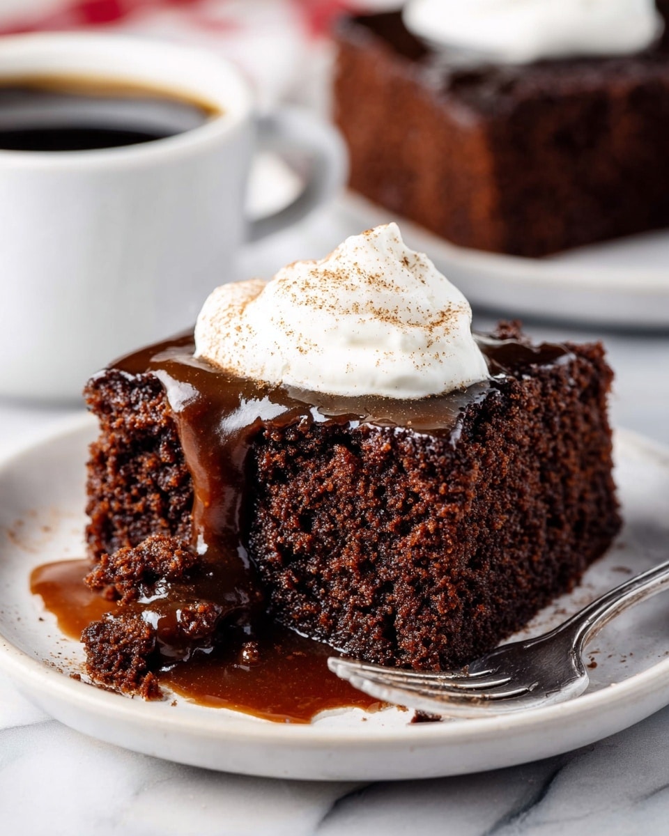 A square piece of dark brown chocolate cake with a moist, crumbly texture sits on a white plate. The cake has a glossy chocolate sauce dripping down its sides and pooling slightly on the plate. On top, there is a dollop of white whipped cream sprinkled lightly with cocoa powder. A silver fork rests beside the cake, with some sauce on the plate near its prongs. In the background, another piece of the same cake is visible on a white plate, as well as a white cup filled with dark coffee, set on a white marbled surface. Photo taken with an iphone --ar 4:5 --v 7