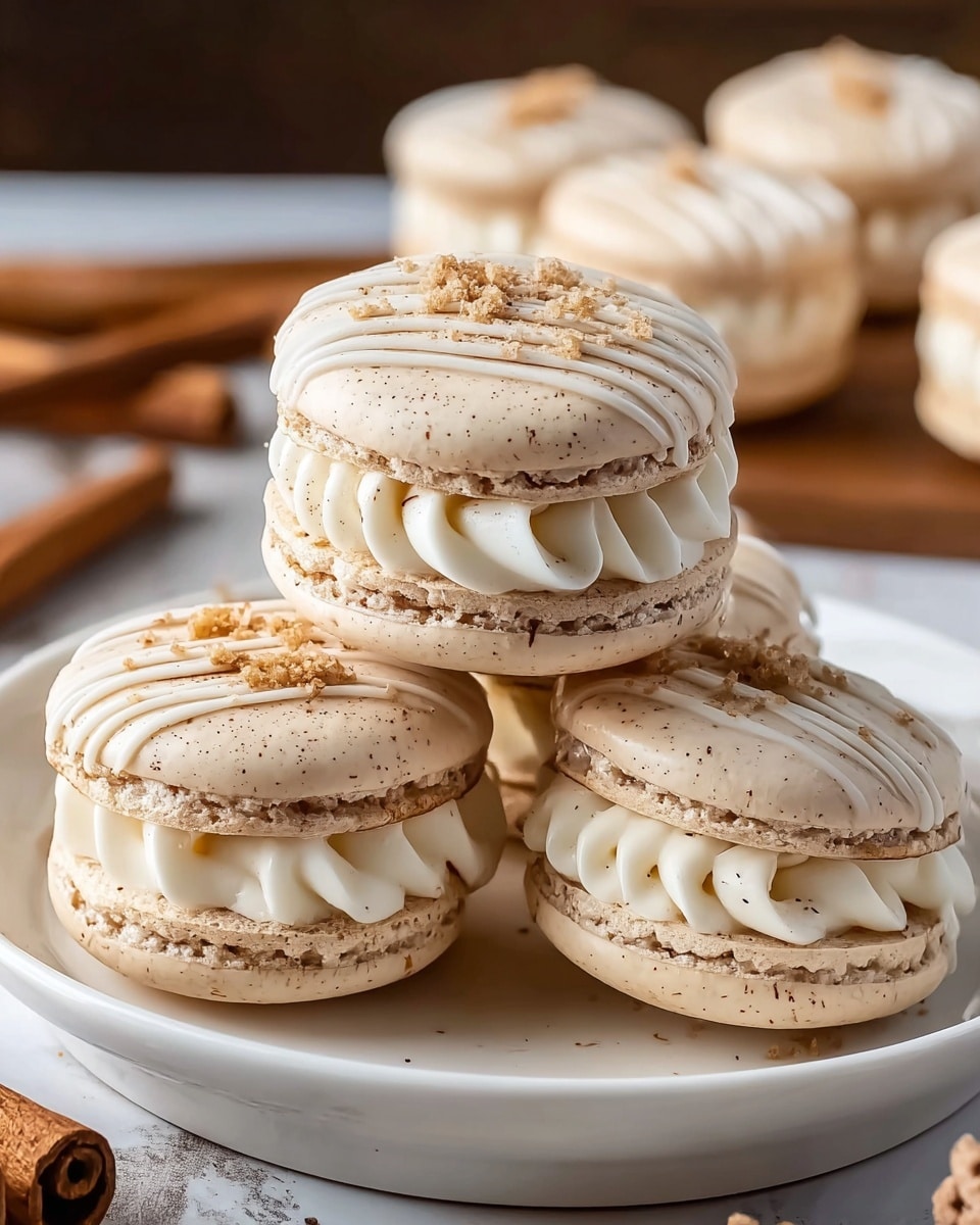 The image shows a stack of five creamy beige macarons on a white plate. Each macaron has two smooth, slightly speckled shells with a rough edge, sandwiching a thick layer of white, swirled cream in the middle. The top shells are decorated with thin stripes of white icing and small bits of crumbly topping. In the blurred background, more macarons and cinnamon sticks are visible on a white marbled surface. Photo taken with an iphone --ar 4:5 --v 7