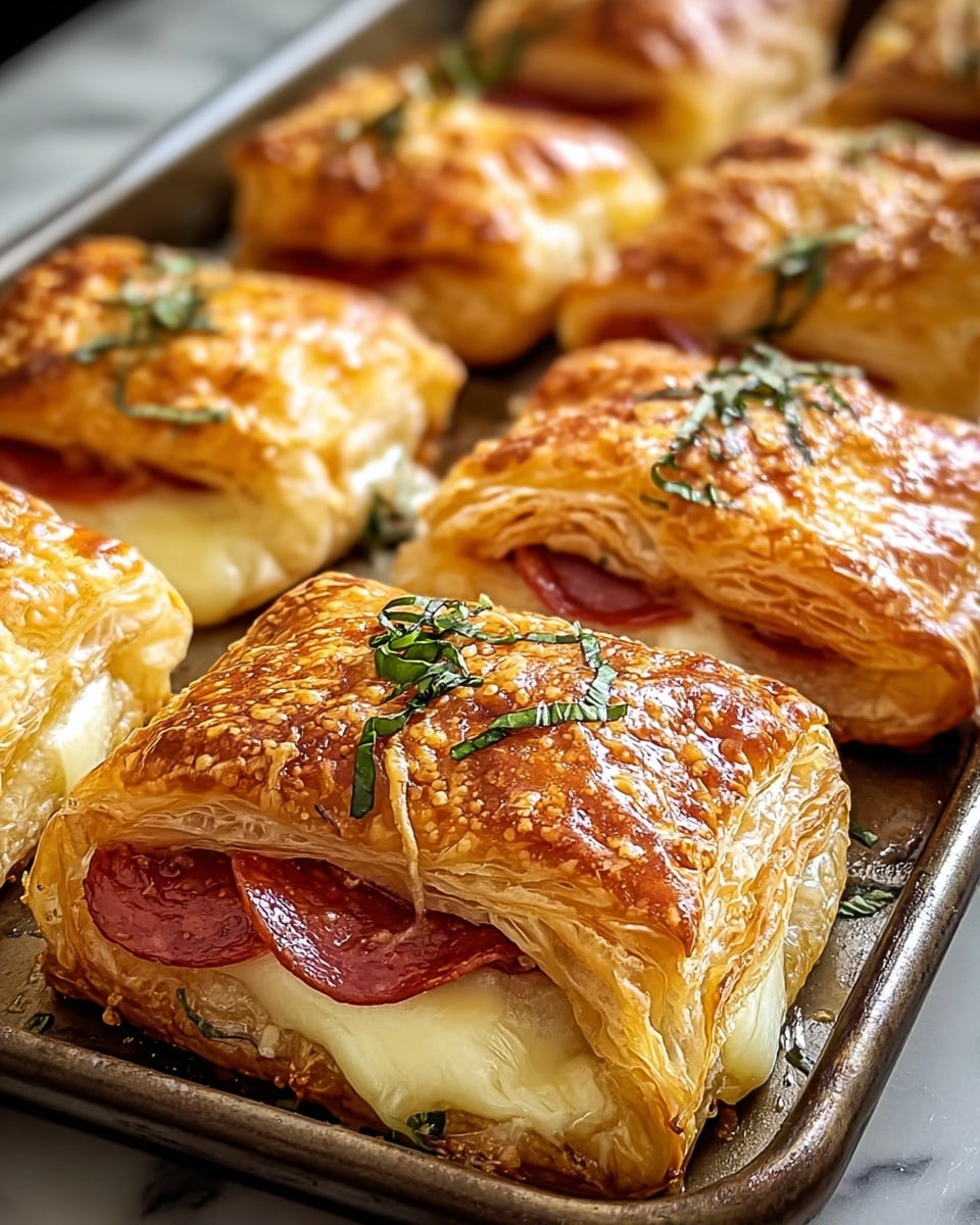 The image shows a close-up of several golden-brown puff pastry pockets arranged in a baking tray, each with visible layers of flaky, crispy dough on top and bottom. Each pocket has two layers of flaky pastry that enclose bright red slices of pepperoni and melted creamy white cheese that oozes slightly out from between the layers. Small green herbs are sprinkled on the melted cheese, adding a fresh touch. The pastries have a shiny, glossy finish from baking, with crispy edges and soft, gooey cheese. The tray is placed on a white marbled surface. Photo taken with an iphone --ar 4:5 --v 7