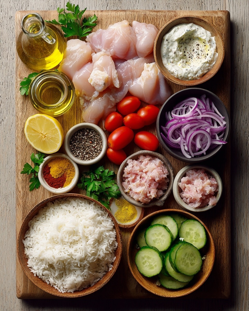 A wooden cutting board on a white marbled surface holds an array of colorful ingredients arranged in layers: in the center-left, several raw chicken pieces with a light pink, smooth texture are surrounded by bright red cherry tomatoes; above the chicken, a small wooden bowl with creamy white yogurt topped with black pepper sits next to a clear glass bottle of golden olive oil, and to the right, a dark bowl with thinly sliced purple onions. Below the onions, a wooden bowl filled with fresh, green cucumber slices shows a crisp texture, while at the bottom center, a wooden bowl holds fluffy white rice. Scattered between these bowls are small dishes containing black pepper, yellow curry powder, deep red chili powder, finely chopped pink raw chicken, and a lemon half with a bright yellow interior, all accented with fresh green parsley sprigs. Photo taken with an iphone --ar 4:5 --v 7