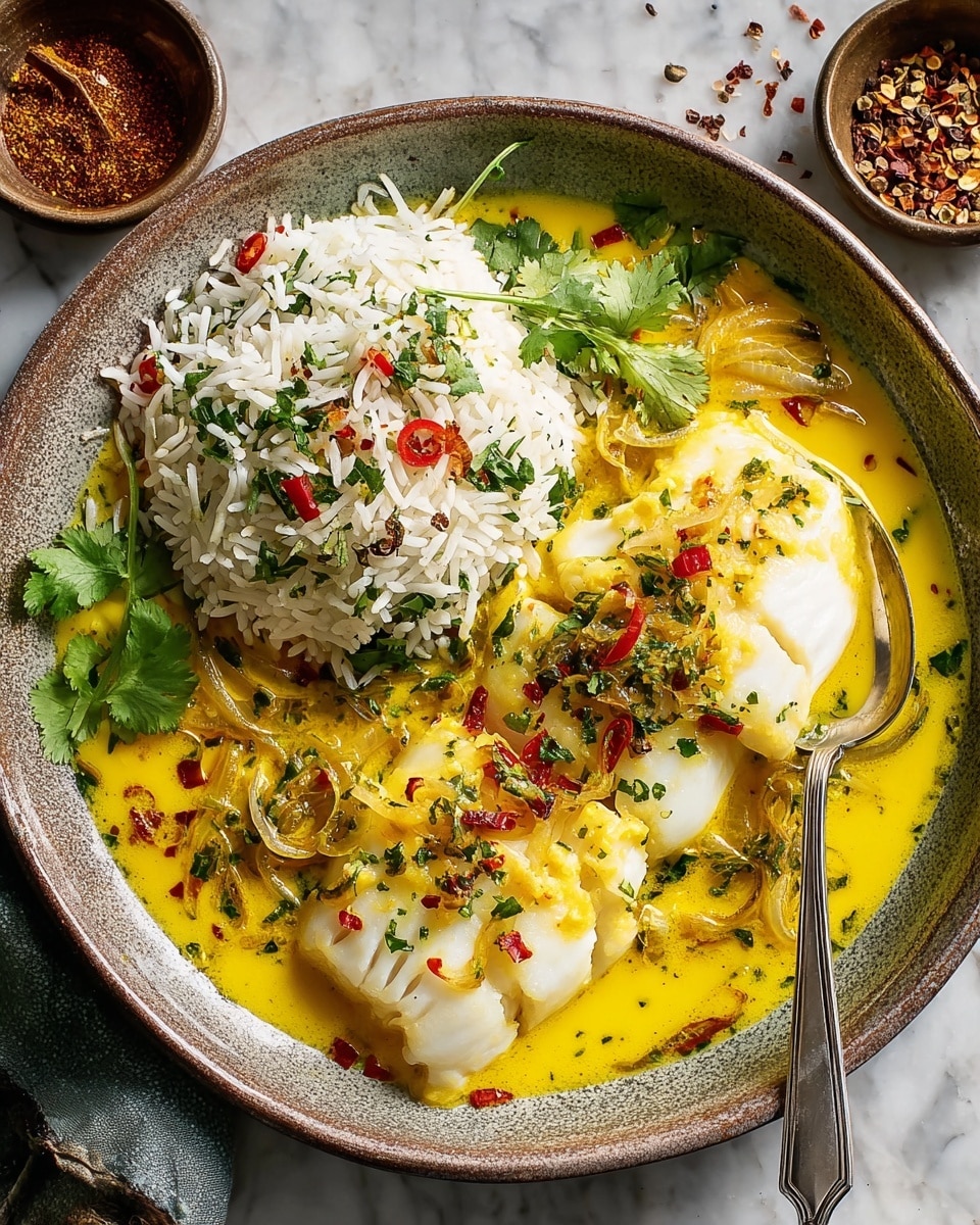A round bowl holds this dish with two thick white fish fillets on the right side, soaked in a bright yellow creamy sauce at the bottom, mixed with thin translucent cooked onion slices and topped with chopped fresh green cilantro and small red chili slices. On the left side, there's a mound of fluffy white rice mixed with green herb pieces, sprinkled with red chili flakes. A silver spoon rests on the right edge of the bowl, partially submerged in the sauce. The bowl sits on a white marbled surface with small bowls of spices nearby. photo taken with an iphone --ar 4:5 --v 7