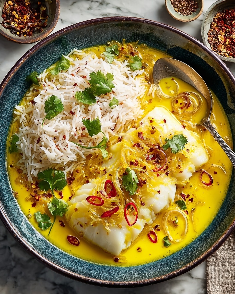 The dish shows two white fish fillets placed side by side in a shallow pool of bright yellow sauce with visible thin slices of onion and sprinkled red chili flakes on top. Fresh green cilantro leaves and small red chili rings are spread over the fish for garnish. To the side, there is a neat mound of fluffy white rice mixed with some scattered green cilantro leaves and a few chili flakes. The food is served in a large round bowl with a dark rim and blue interior, with a spoon resting on the right side in the sauce. The bowl sits on a white marbled surface with small bowls of spices visible in the blurred background. Photo taken with an iphone --ar 4:5 --v 7