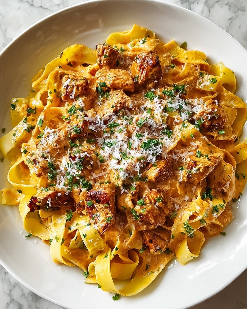 A white plate holds a dish with several layers: at the bottom, flat, wide yellow pasta ribbons form the base, scattered unevenly in a round shape. On top, browned chunks of chicken sit mixed with a creamy orange sauce that spreads over the pasta, giving the dish a rich, smooth texture. The chicken pieces are browned and slightly crisp on the outside. Sprinkled all over are small bits of fresh, bright green herbs, adding a touch of color. Finally, finely grated white cheese is scattered in the center, melting slightly into the warm sauce. The plate rests on a white marbled surface. photo taken with an iphone --ar 4:5 --v 7