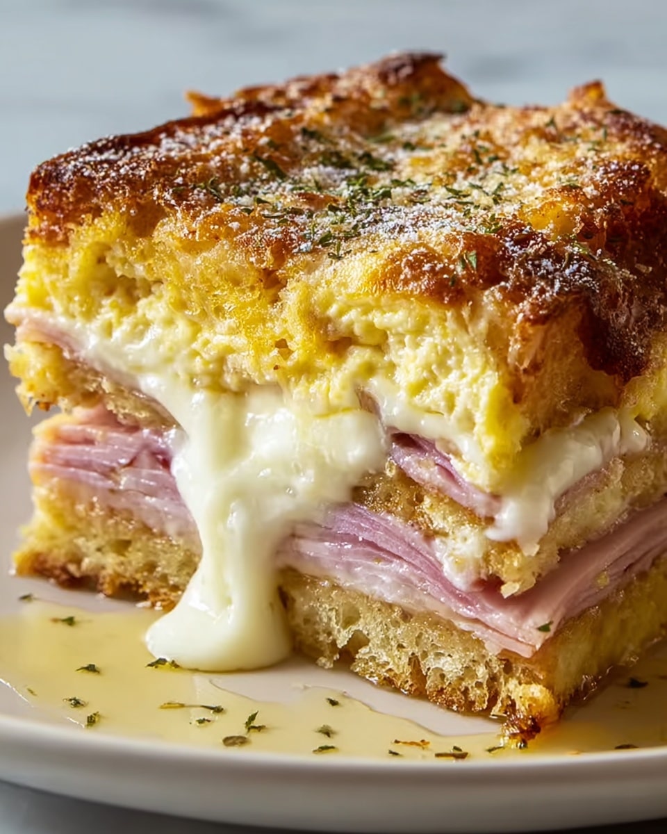 A close-up of a layered sandwich bake on a white plate with a white marbled background, showing three clear layers: at the bottom, a golden toasted bread base with crisp edges; in the middle, thin slices of pink ham stacked with soft melted white cheese dripping slightly on the side; and on top, a thick, fluffy, golden-brown egg mixture with a slightly crunchy surface sprinkled with a little green herb and a light dusting of white powder. The layers look soft and moist inside, with a browned, textured top. photo taken with an iphone --ar 4:5 --v 7