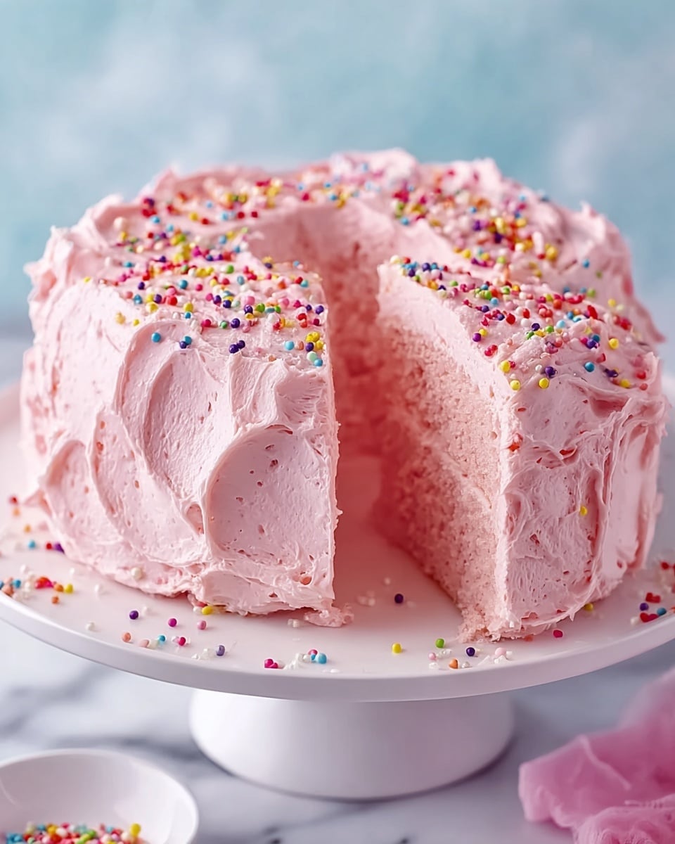 A pink frosted cake with one slice removed sits on a white cake stand. The cake has two visible layers inside, both light pink and soft. The outside is covered in thick, swirled pink frosting creating large, textured waves. On top of the cake, colorful round sprinkles in red, yellow, green, blue, and purple are scattered mainly around the edges. The cake stand and the cake sit on a white marbled surface with a soft blue background. Photo taken with an iphone --ar 4:5 --v 7