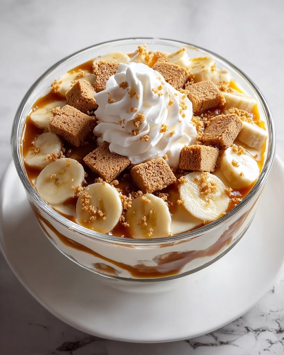 A clear glass bowl is filled with a creamy white base, topped with a circle of banana slices arranged near the edge. Inside the banana ring, crumbly brown cookie pieces are placed evenly, with a generous swirl of fluffy white whipped cream in the center. The entire dish is drizzled with smooth caramel sauce that runs lightly over the bananas, cookies, and whipped cream, adding a warm golden touch. The bowl sits on a white plate, placed on a white marbled surface. photo taken with an iphone --ar 4:5 --v 7