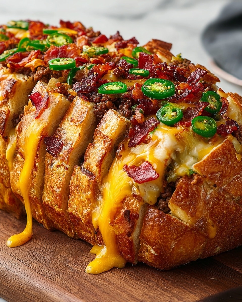 The image shows a large loaf of bread that is sliced deeply but not all the way through, forming thick layers. Between each slice, there are layers of browned ground meat and small cubes of crispy red bacon. Bright green slices of jalapeño peppers are spread evenly over the top layer. Melted yellow cheddar cheese drips over the bread and toppings, creating gloss and stretch marks between the layers. The bread has a golden-brown crust with a rough texture, and the whole loaf sits on a wooden board against a white marbled background. photo taken with an iphone --ar 4:5 --v 7