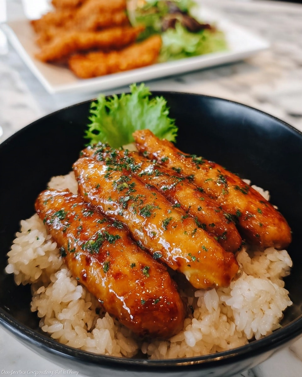 The image shows a black bowl filled with cooked white rice as the base layer, topped with four long pieces of glazed, golden-brown chicken covered in a shiny sauce and sprinkled with green herbs. A small green lettuce leaf is placed behind the chicken for garnish. In the blurred background, there is a white plate with crispy fried items and some green lettuce on a white marbled surface. Photo taken with an iphone --ar 4:5 --v 7
