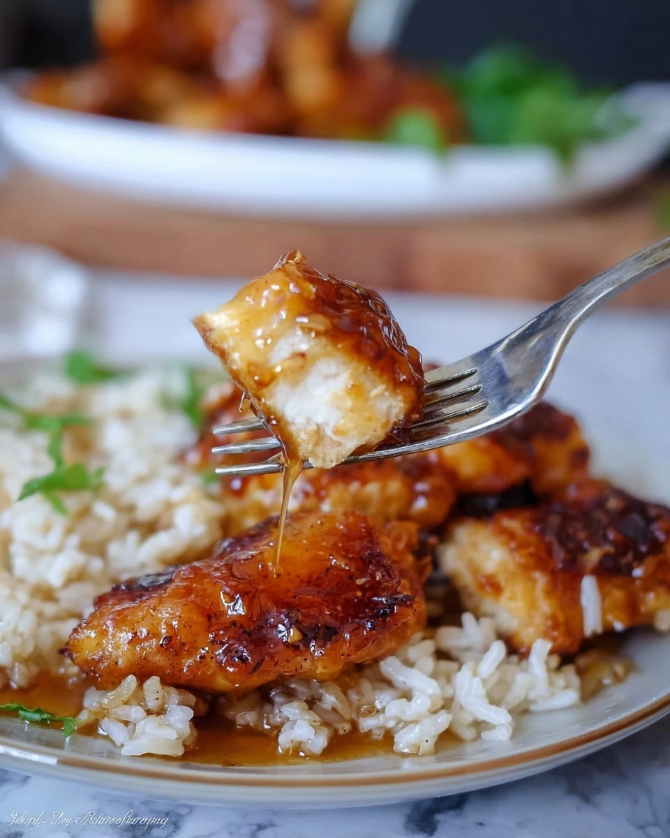 The image shows a close-up of a fork holding a piece of golden brown glazed chicken and some white rice with sauce dripping slightly, positioned in the middle foreground. On the plate below, there are several pieces of glazed chicken with a shiny, sticky texture mixed with the white rice, all sitting on a pale surface that glistens with sauce. In the blurred background, more glazed chicken pieces are seen on a white dish with some green garnish on a white marbled surface. The whole scene has a warm, appetizing look. photo taken with an iphone --ar 4:5 --v 7