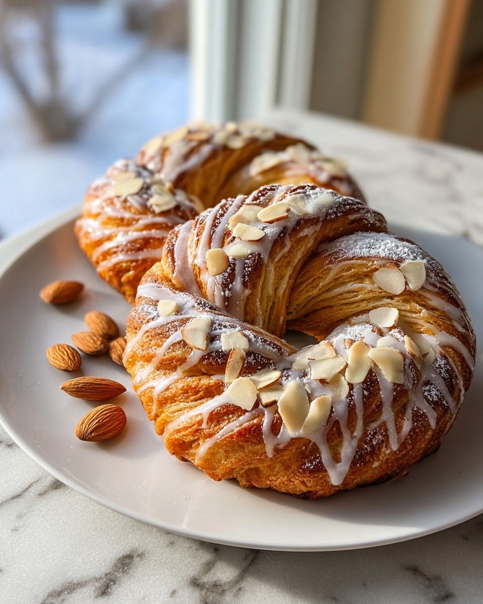 Two golden brown, twisted ring-shaped pastries sit on a white plate placed on a white marbled surface. Each pastry has many thin, flaky layers, showing a mix of light tan and deeper caramel colors. White icing is drizzled across the top of both pastries in thin lines, and they are sprinkled with delicate, pale almond slices and a light dusting of powdered sugar. A few whole almonds are scattered around the base of the plate, and soft natural light shines from the window behind, giving the pastries a warm, inviting glow. photo taken with an iphone --ar 4:5 --v 7