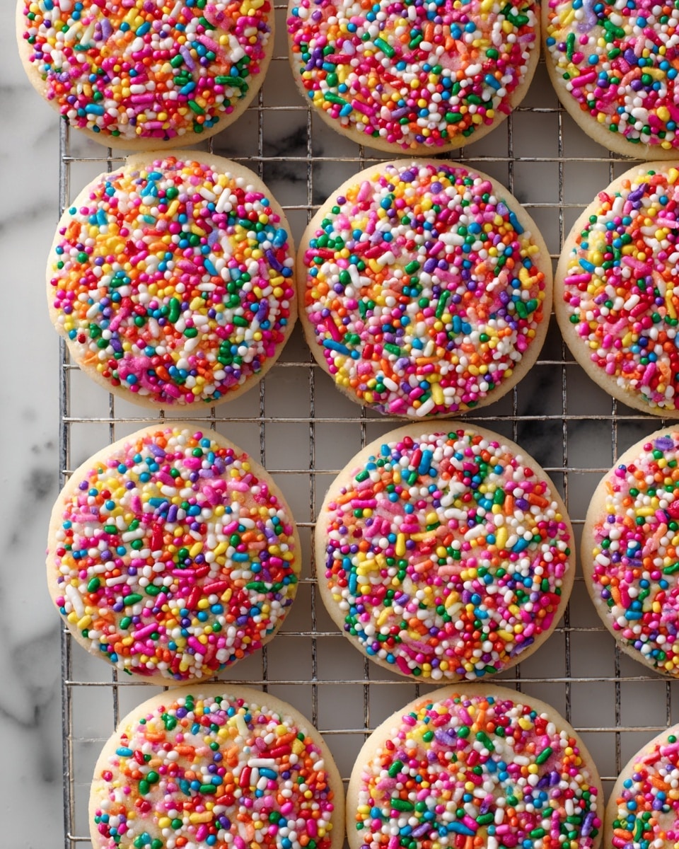 The image shows round sugar cookies arranged on a metal cooling rack over a white marbled surface. Each cookie has two visible layers: a light beige base layer with a soft texture, and a top layer fully covered with colorful cylindrical sprinkles in red, orange, yellow, green, blue, purple, pink, and white, evenly spread across the surface. The cookies are close together, creating a neat, uniform pattern. photo taken with an iphone --ar 4:5 --v 7