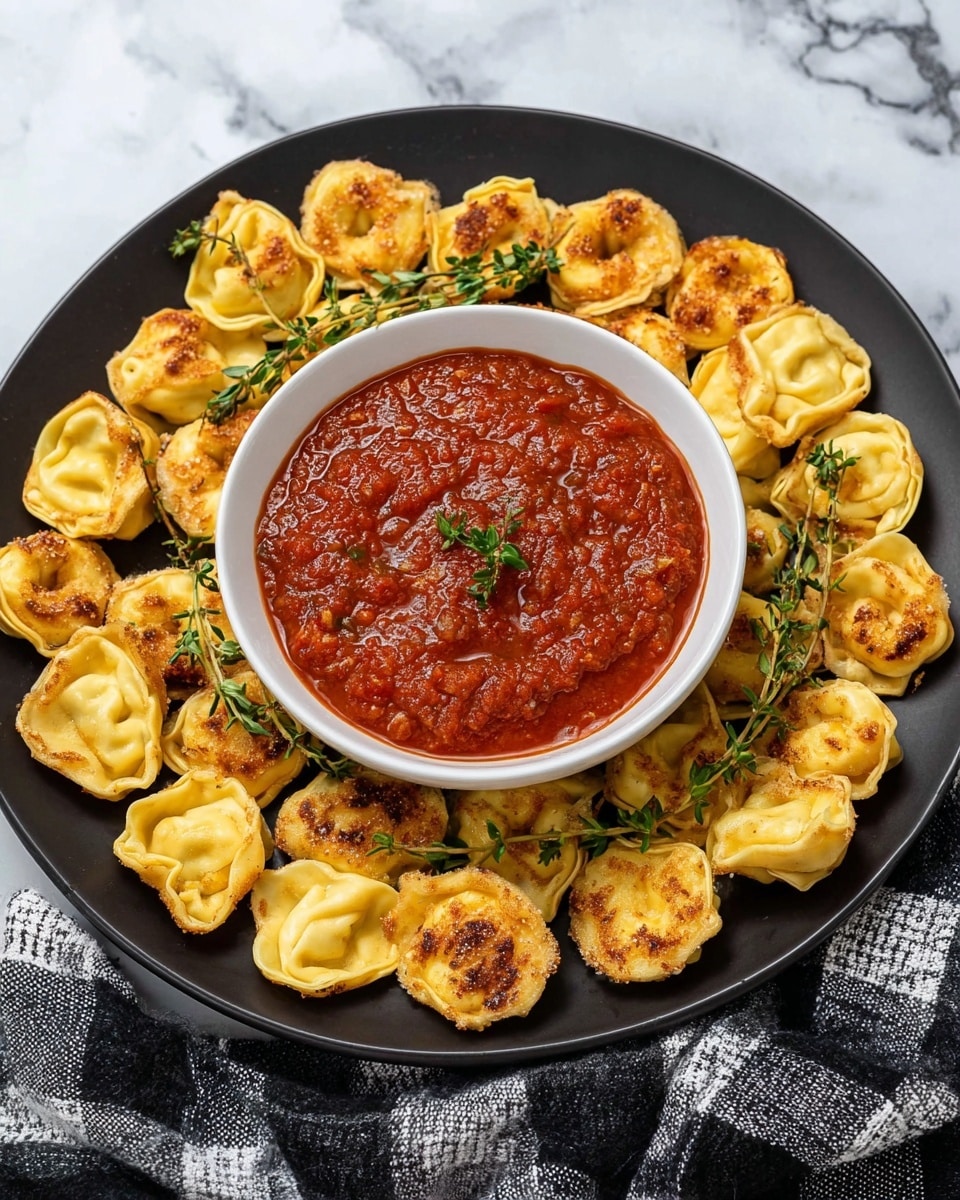 A black round plate with a ring of golden-brown, baked tortellini arranged neatly around the edge; the tortellini are slightly crispy with irregular shapes and some browned spots showing a textured surface. In the center of the plate sits a white bowl filled with thick, chunky red marinara sauce, topped with a small sprig of fresh green thyme for garnish. The plate is placed on a white marbled surface and is partially covered by a black and white checkered cloth on the right side. Photo taken with an iphone --ar 4:5 --v 7