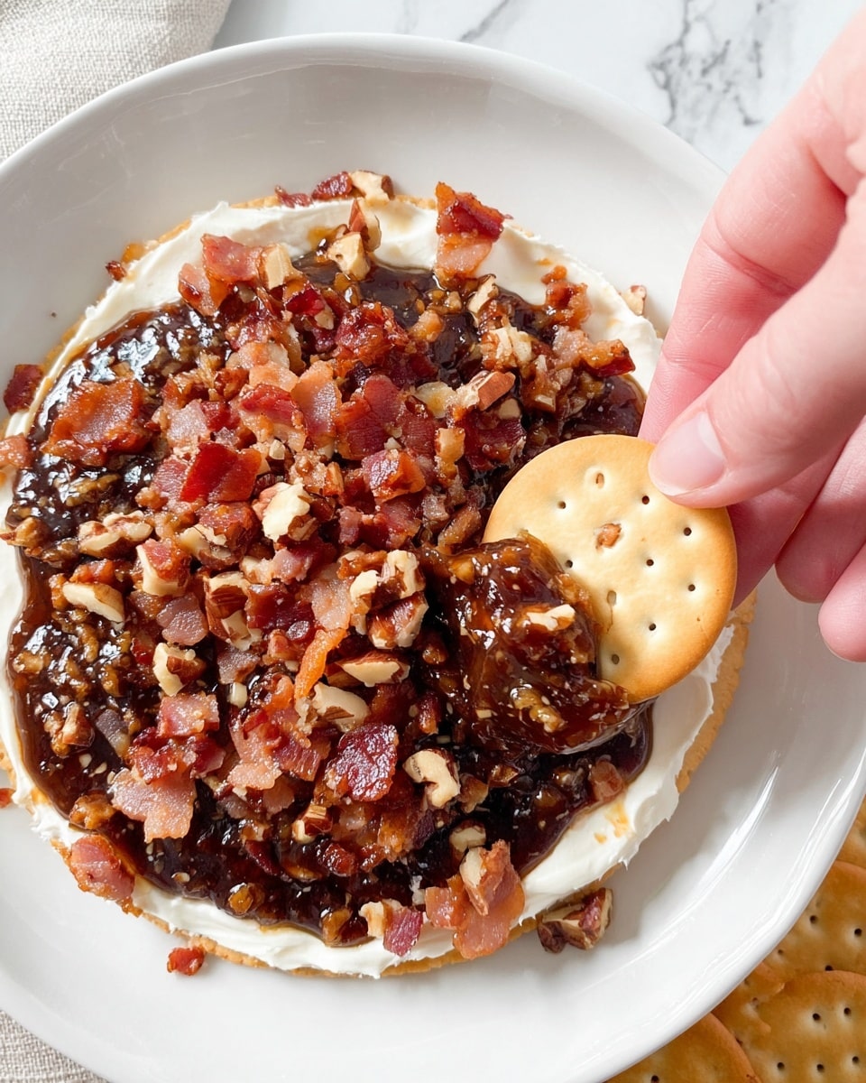 A white plate holds a layered dish starting with a smooth, white creamy base spread evenly in a circle. On top lies a thick, shiny dark brown jam-like layer that glistens under the light, spreading close to the edges of the cream. The top layer is a generous mix of chopped reddish-brown bacon bits and small, uneven pieces of light brown nuts, scattered to cover the entire surface. A woman's hand holds a round, light golden cracker near the dish, topped with a scoop of the layered mix, showing the same colors and textures clearly. The whole scene is set against a white marbled texture. photo taken with an iphone --ar 4:5 --v 7