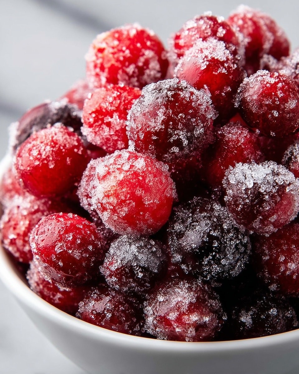A close-up view of a small white bowl filled with deep red berries, each coated in a layer of sparkling sugar crystals. The berries are piled high, showing a mix of bright red and darker red shades with a glistening, glossy texture under the sugar crystals that catch the light. The bowl sits on a white marbled surface, enhancing the bright red colors of the sugared berries. photo taken with an iphone --ar 4:5 --v 7