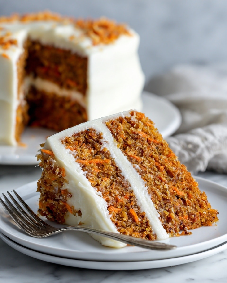 A close-up of a two-layer slice of carrot cake with a light brown, moist texture full of small carrot pieces, separated and coated by a thick layer of creamy white frosting; the outer edge of the slice is also covered with the frosting, creating a smooth, slightly textured surface. The slice is placed on a white plate with a fork next to it, all set against a white marbled background. Behind it, there is a blurred view of the rest of the cake, which is also frosted white. Photo taken with an iphone --ar 4:5 --v 7