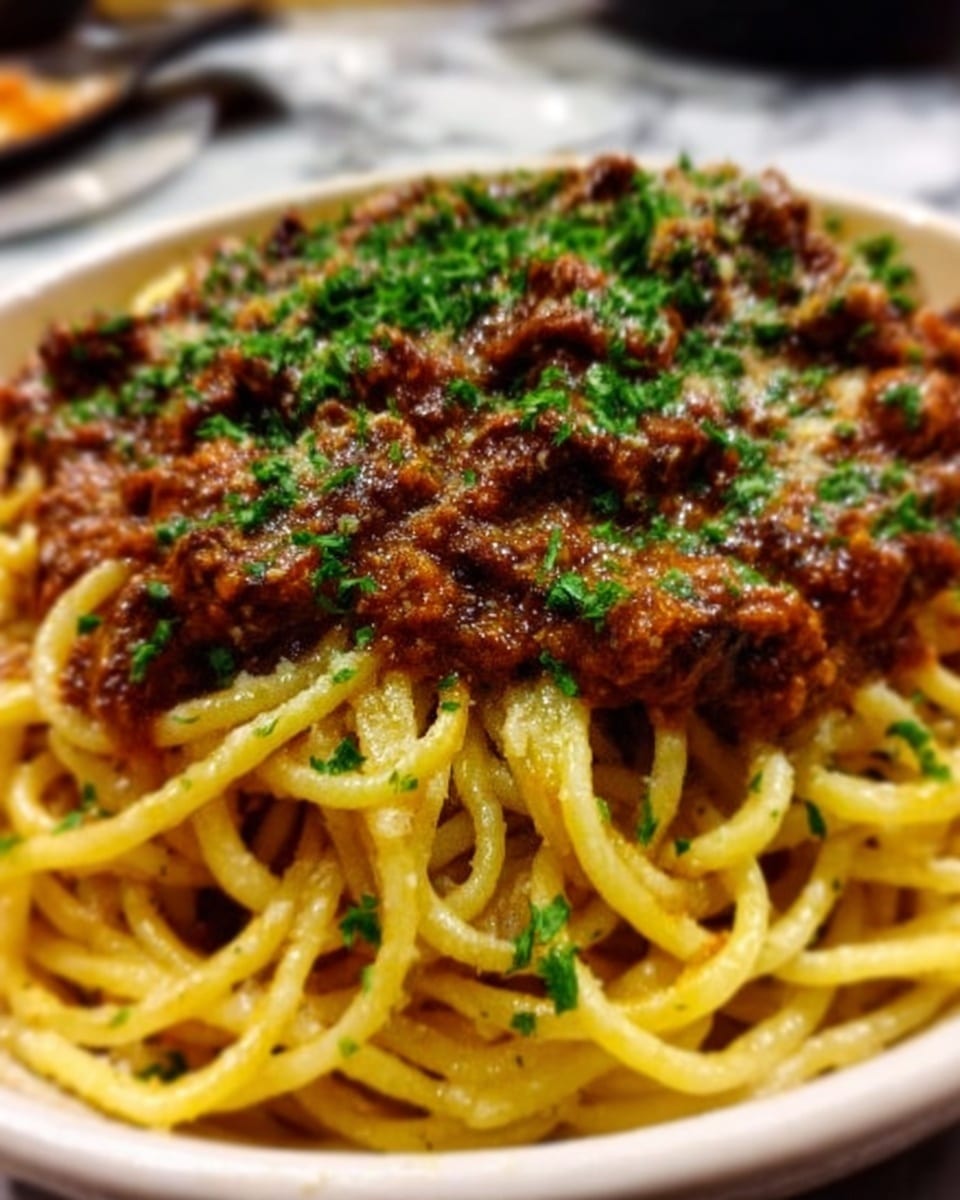 A close-up view of a white bowl filled with spaghetti pasta covered in a thick, rich brown meat sauce with small pieces of beef and garnished with finely chopped green herbs on top; the spaghetti strands are golden yellow, tangled beneath the sauce, and the bowl rests on a white marbled surface. photo taken with an iphone --ar 4:5 --v 7
