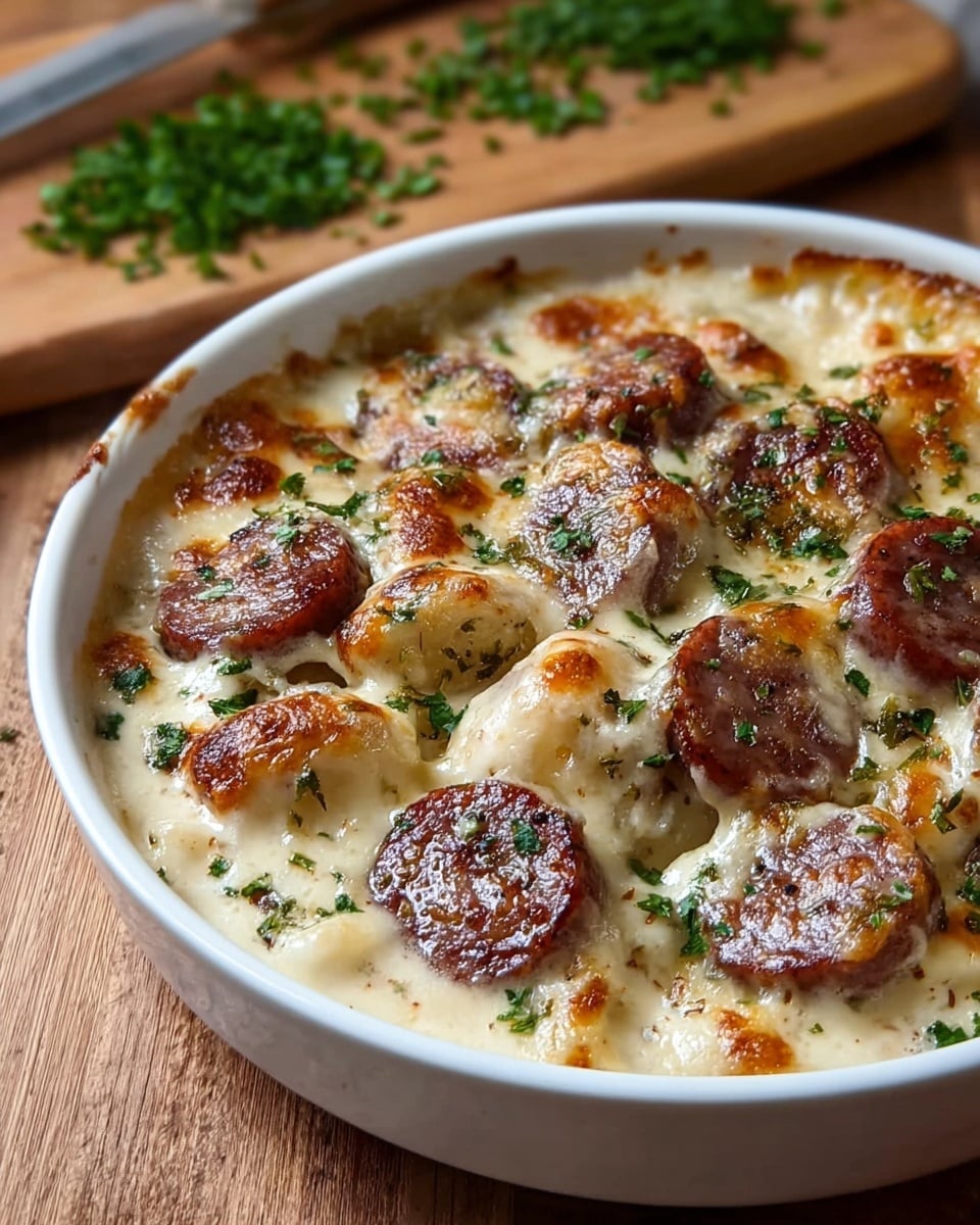 A white bowl filled with several layers of creamy, white sauce visible at the base, topped with browned, cheesy melted cheese forming a slightly browned, bubbly crust. Scattered across the top layer are round slices of browned sausage with a slightly crispy surface. Small chopped green herbs are sprinkled evenly over the dish, adding texture and a pop of color. The bowl sits on a wooden surface with chopped green herbs on a cutting board in the background. photo taken with an iphone --ar 4:5 --v 7