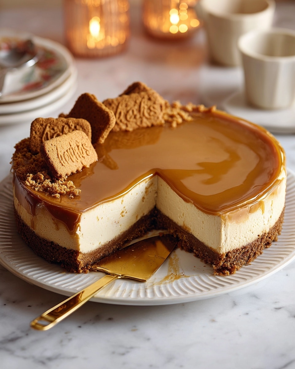 A creamy cheesecake with three distinct layers sits on a white fluted plate on a white marbled surface. The bottom crust layer is thick, crumbly, and dark brown, wrapping around the cake’s sides. The middle layer is a pale, smooth cream cheese filling, while the top layer is a shiny, golden caramel glaze that covers the entire surface evenly. Crushed caramel biscuits are sprinkled along the edge, with three whole caramel biscuits placed near the top edge as decoration. A slice of the cheesecake is slightly lifted out with a gold spatula, showing the clear separation between all layers. In the background, soft-focused warm-toned candle holders add a cozy feel to the scene. Photo taken with an iphone --ar 4:5 --v 7