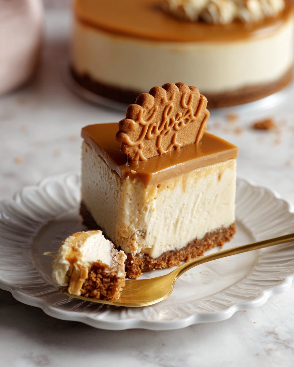 A slice of cheesecake with three visible layers sits on a white scalloped plate with a gold spoon holding a bite of the cake next to it. The bottom layer is a crumbly brown crust. The middle layer is thick and creamy, off-white cheesecake filling. The top layer is a smooth, light brown caramel glaze, which is topped with a large lotus biscuit. In the background, the remaining cheesecake on a white scalloped plate is slightly blurred, sitting on a white marbled surface. Photo taken with an iphone --ar 4:5 --v 7