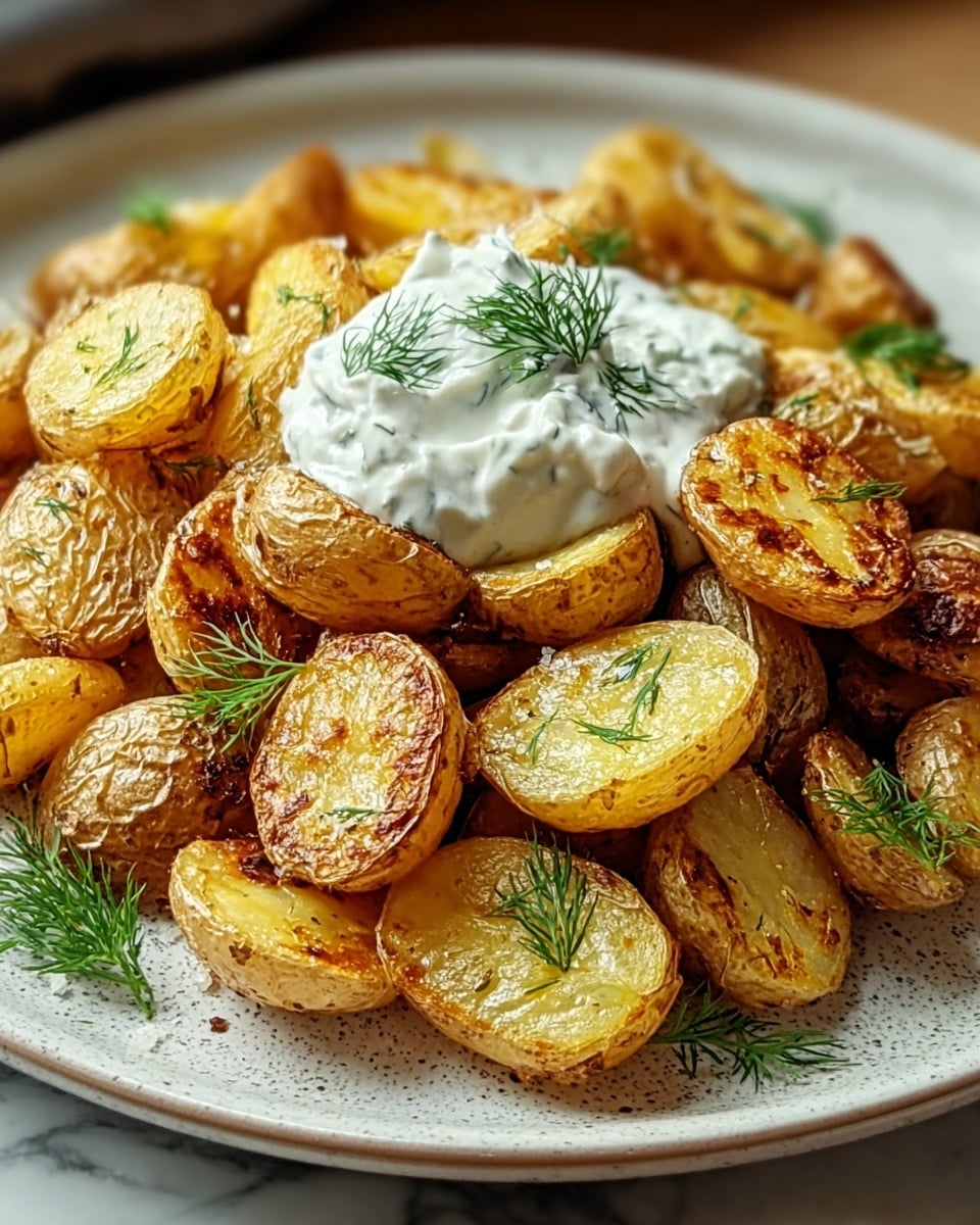 A pile of golden roasted baby potatoes cut in halves with crispy brown edges fills a white plate with a speckled texture. A dollop of creamy white sauce with fresh green dill is placed in the center on top of the potatoes, and small sprigs of dill are scattered around as garnish. The background shows a white marbled texture under the plate. photo taken with an iphone --ar 4:5 --v 7
