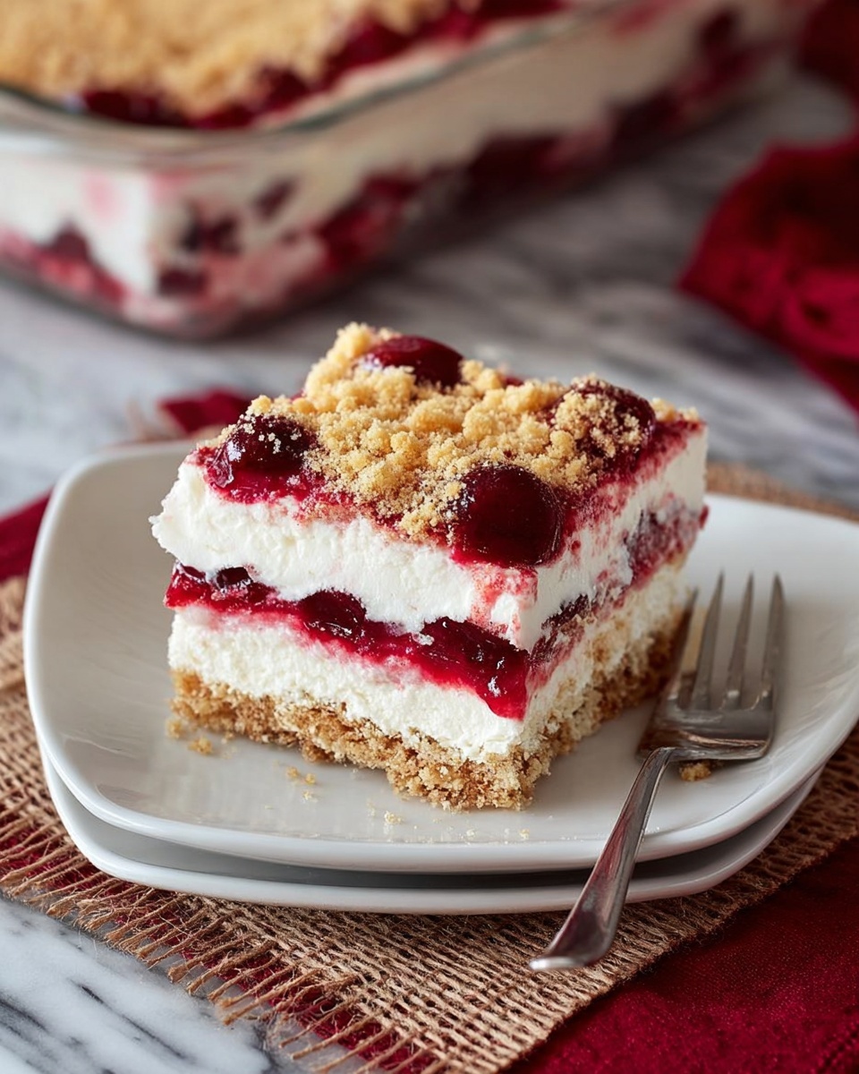 The image shows a square slice of layered dessert on a white plate with soft, curved edges. The dessert has four clear layers: a crumbly light brown base at the bottom, a thick white creamy layer above it, a bright red cherry filling with whole cherries in the middle, followed by another thick white creamy layer, and topped with a golden-brown crumbly sprinkle. In the background, there is a glass baking dish with the rest of the dessert visible, and a silver fork is placed on the plate beside the slice. The scene is set on a white marbled surface with a red cloth and a piece of burlap underneath the plate. photo taken with an iphone --ar 4:5 --v 7