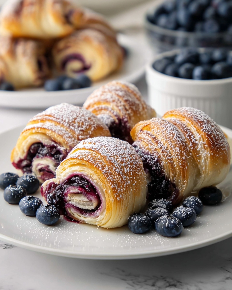 A close-up of a stack of three golden-brown puff pastries with visible layers of flaky crust and a shiny glaze, filled with a purple raspberry jam that peeks out in stripes and pockets. The pastries are dusted lightly with powdered sugar, highlighting their delicate texture. Around the pastries, there are white bowls filled with plump blueberries, set on a white marbled surface. The background shows more puff pastries slightly out of focus, giving depth to the image. photo taken with an iphone --ar 4:5 --v 7