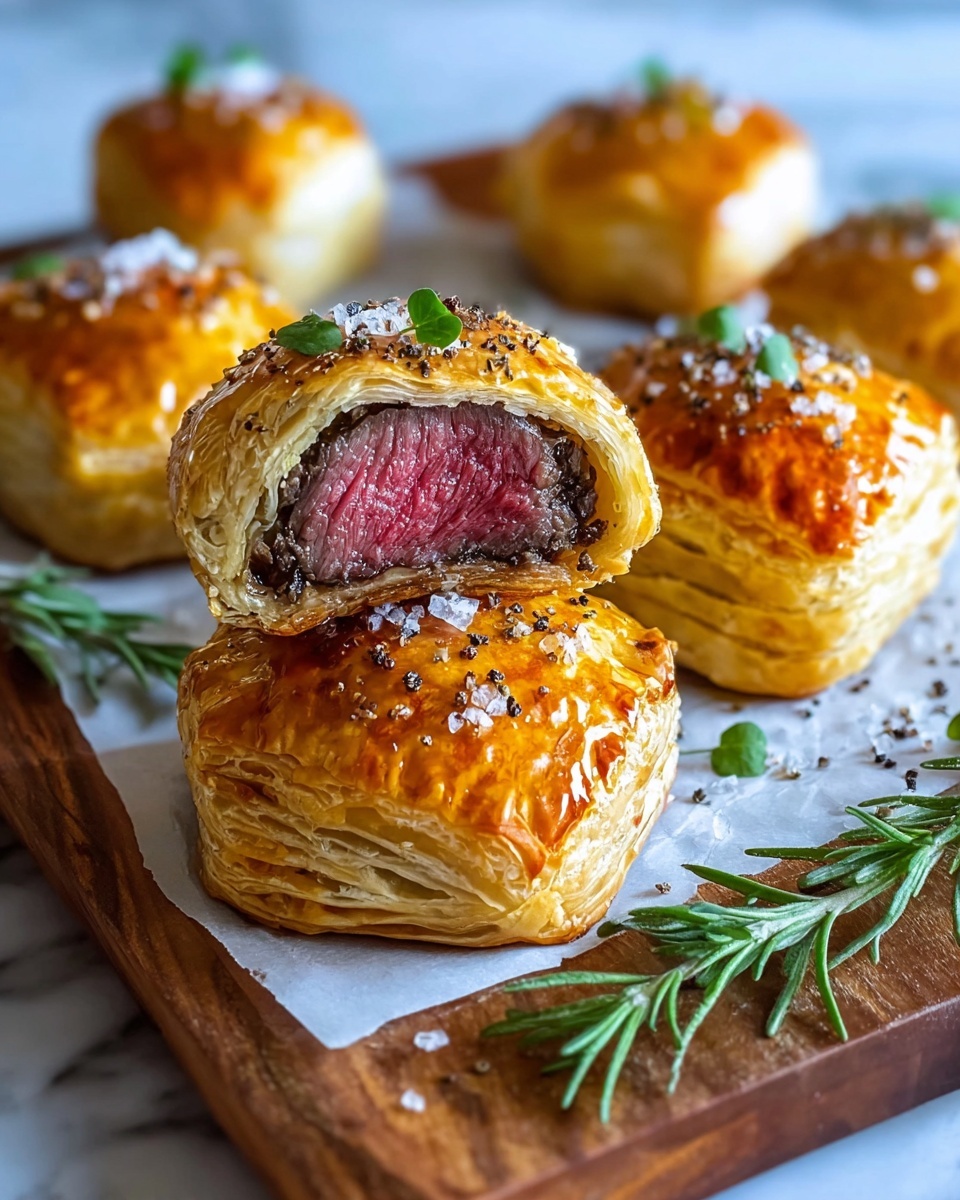 The image shows several small Beef Wellington pastries on a wooden board lined with white parchment paper, placed on a white marbled surface. Each pastry has a shiny, golden-brown, flaky puff pastry exterior with visible layers and is topped with coarse salt crystals, cracked black pepper, and small fresh green herb leaves. One pastry is cut open and placed on top of another, revealing a thick, juicy piece of medium-rare beef with a deep pink center surrounded by a brown mushroom duxelles layer, all wrapped inside the puff pastry. Fresh rosemary sprigs are scattered near the pastries. photo taken with an iphone --ar 4:5 --v 7