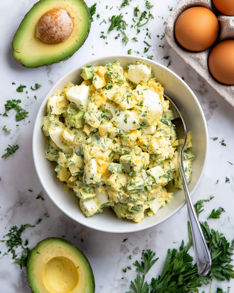 A slice of whole grain bread is topped with a thick layer of creamy avocado egg salad, showing chunks of yellow yolk and white egg pieces mixed with green avocado and small bits of chopped herbs scattered on top, placed on a white plate that has sprigs of fresh herbs and loose chopped green herbs artistically spread around it; in the background, another similarly topped slice of bread sits on a matching white plate, with a halved avocado showing the seed and smooth green flesh nearby, all set on a white marbled surface. photo taken with an iphone --ar 4:5 --v 7
