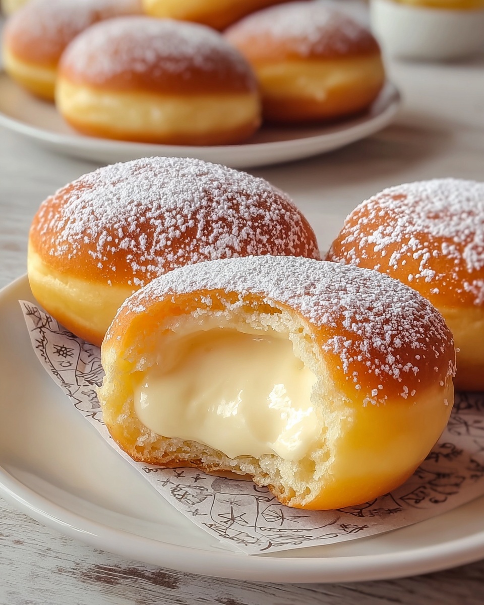 Three round yellow doughnuts sit on a white plate lined with patterned paper, placed on a white marbled texture. Each doughnut has a smooth shiny surface with a dusting of white powdered sugar on top. The front doughnut has a bite taken out, revealing a thick, creamy pale yellow filling inside. The doughnuts look soft and fluffy with a slightly golden crust. In the background, more doughnuts are visible on another white plate. photo taken with an iphone --ar 4:5 --v 7
