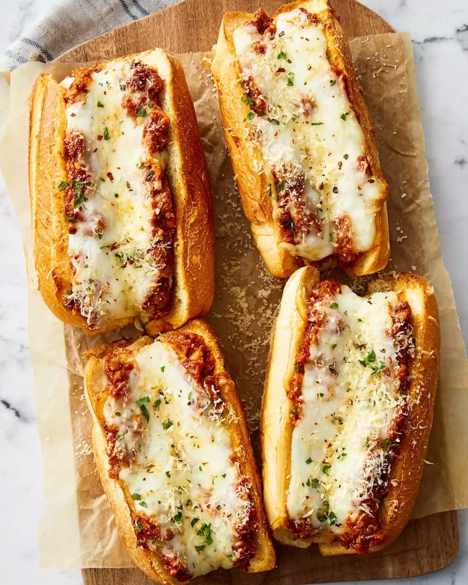 Four toasted sandwich rolls with golden brown crusts are placed on parchment paper over a wooden board. Each sandwich is filled with a thick layer of melted white cheese covering a chunky red tomato sauce mixed with meat bits. The cheese is slightly browned in spots and sprinkled with small green herb pieces and some grated cheese. The sandwiches are arranged in two rows, showing the soft, warm texture of the bread and gooey cheese inside. The scene is set on a white marbled surface. photo taken with an iphone --ar 4:5 --v 7