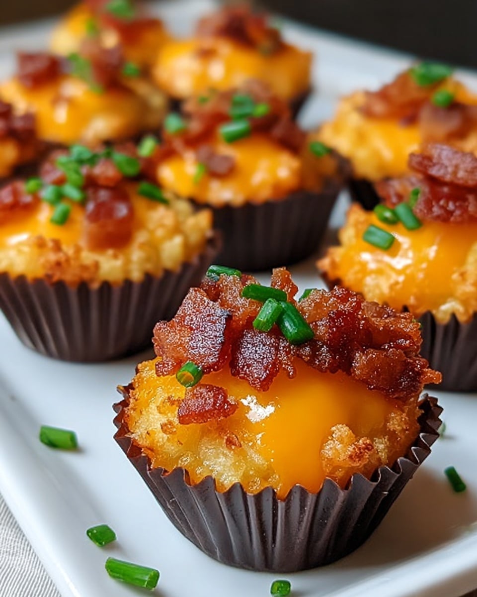 The image shows a white rectangular plate on a white marbled surface filled with small, golden-brown baked bites in dark brown cupcake liners. Each bite has a crispy, textured base topped with a layer of shiny melted bright orange cheese, scattered bits of crispy cooked bacon, and small pieces of fresh green chives. The arrangement is close together, showing several of these cheesy, bacon-topped pieces in soft focus in the background and sharp detail in the front. Photo taken with an iphone --ar 4:5 --v 7