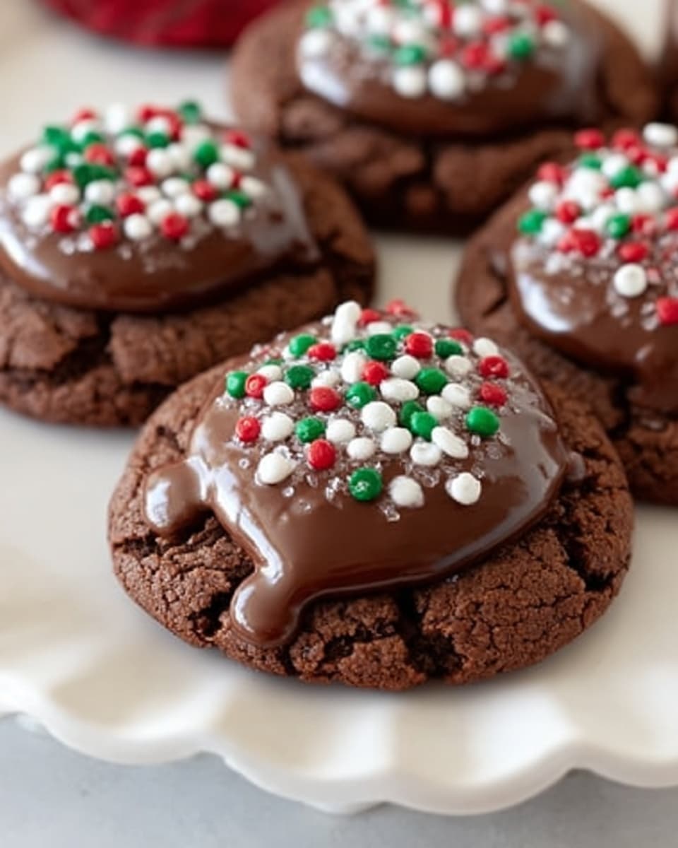 The image shows round chocolate cookies with a cracked surface, each topped with a thick layer of smooth, glossy milk chocolate that slightly drips over the edges. On top of the chocolate layer, there are small red, white, and green round sprinkles scattered evenly. The cookies are placed on a white plate with a wavy edge, all set against a white marbled textured background. photo taken with an iphone --ar 4:5 --v 7