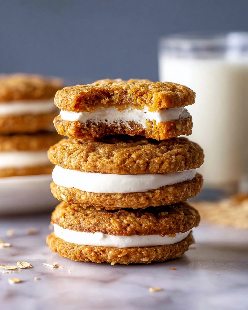 The image shows a stack of three oatmeal cream sandwich cookies on a white marbled surface. Each cookie has two rough-textured, golden brown oatmeal cookie layers with a thick, smooth white cream filling in the middle. The top cookie in the stack has a bite taken out of it, revealing the creamy filling inside. In the blurred background, there is a clear glass of milk with white liquid and a stack of more cookies on a white plate. Small oat flakes and crumbs are scattered near the cookies. photo taken with an iphone --ar 4:5 --v 7