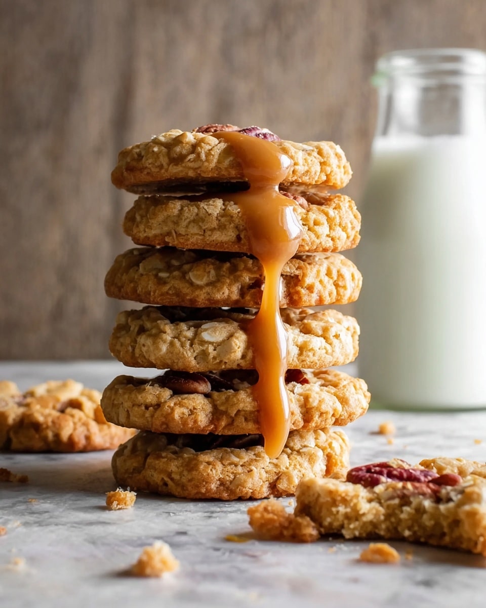 A stack of seven golden brown oatmeal cookies is shown on a white marbled surface, with a creamy caramel sauce dripping from the top cookie down the sides of the stack. The cookies have a rough, crumbly texture and some oat flakes are visible. On the top cookie, there are small pieces of pecans embedded in the caramel layer. To the side, a single cookie lays flat with some crumbs around it. In the background, there is a blurred glass bottle filled with milk. photo taken with an iphone --ar 4:5 --v 7