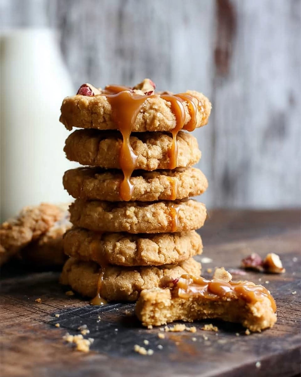 The image shows a stack of six golden brown cookies with a rough, crumbly texture sitting on a dark rustic wooden surface. The top cookie has a drizzle of shiny caramel sauce spreading over it with small pieces of nuts visible on top. Next to the stack is a partially eaten cookie revealing the soft interior with crumb bits scattered around. In the background, there is a blurred white bottle and a weathered wooden wall, all against a white marbled texture backdrop. photo taken with an iphone --ar 4:5 --v 7